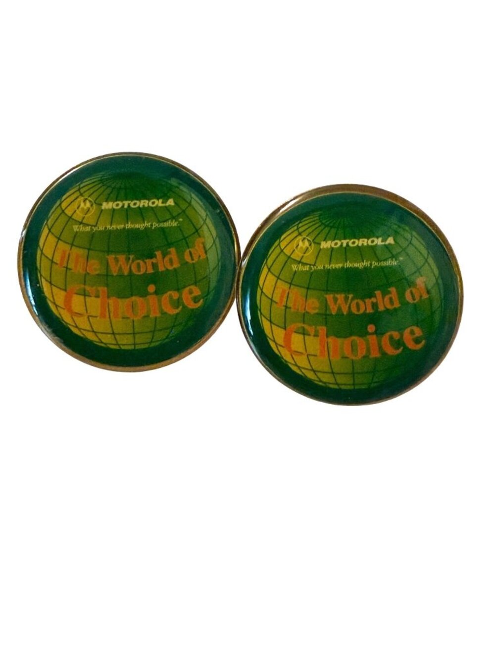 Motorola The World of Choice Advertising Lapel Pins Lot of 2 Globe Logo Employee